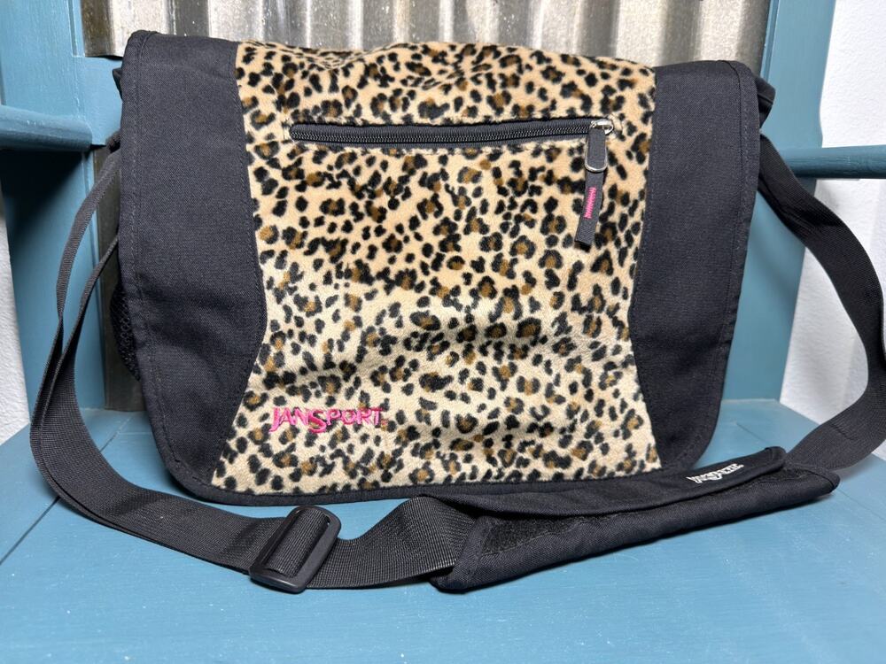 VTG JanSport Elefunk Messenger Bag Black Leopard Print Crossbody RARE 90s Y2K